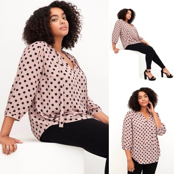 TORRID Georgette Bow Tie Blouse Dot Print Split Neck 3/4 Sleeve Lightweight - Picture 1 of 12